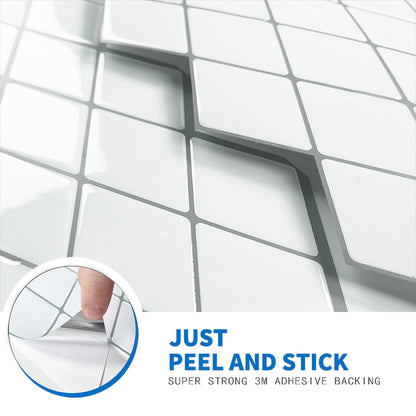 White Peel and Stick Backsplash, Diamond Shape Mosaic Tiles Self Adhesive 12"x12" (30.5x30.5 cm)