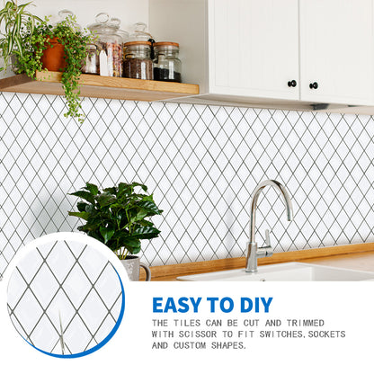 White Peel and Stick Backsplash, Diamond Shape Mosaic Tiles Self Adhesive 12"x12" (30.5x30.5 cm)