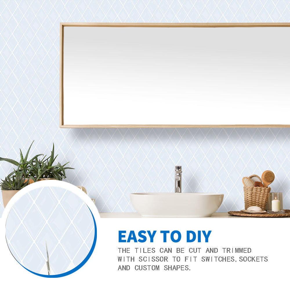 Bluish White Diamond Tile Peel and Stick Backsplash Self Adhesive 12"x12" (30.5x30.5 cm)