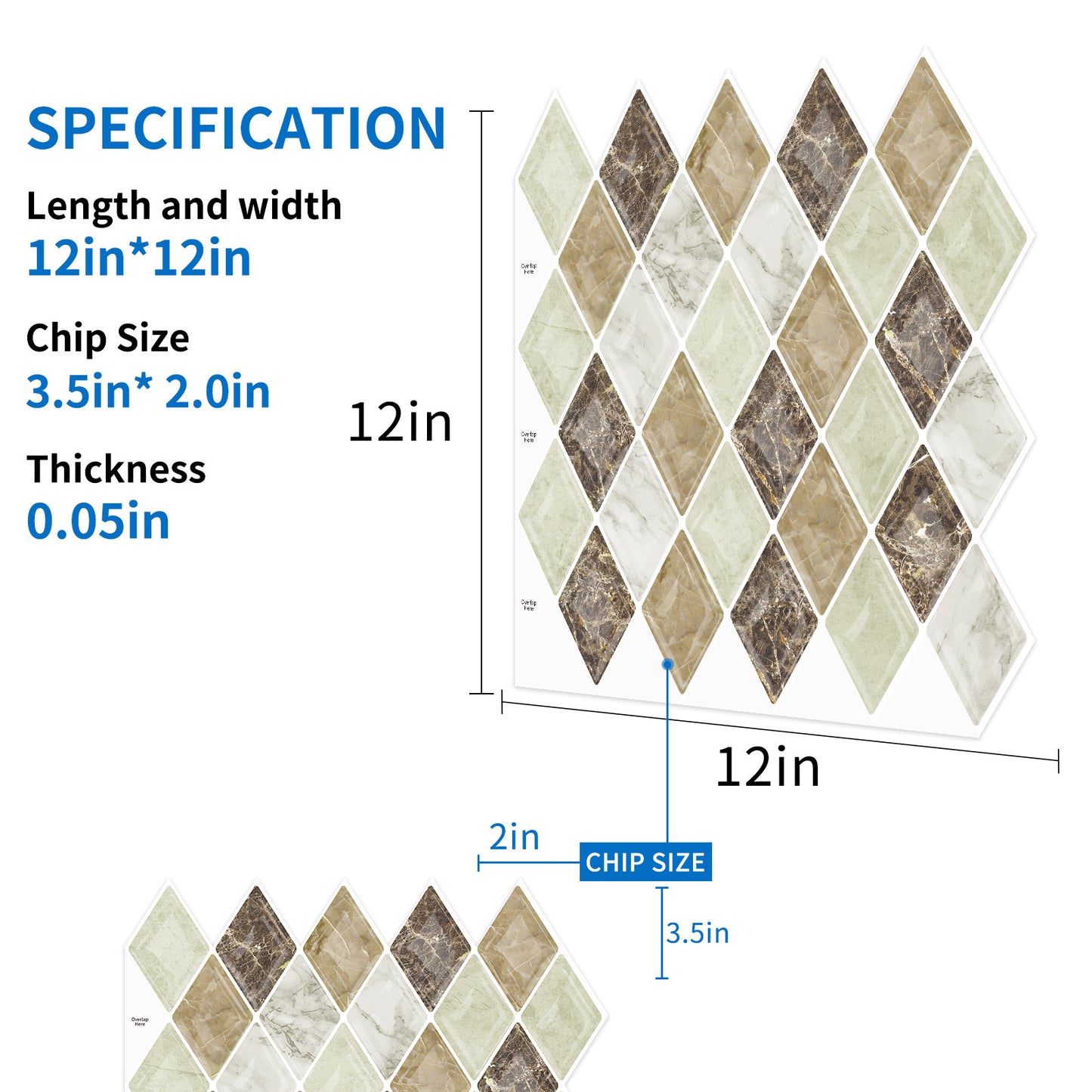 Brown Marble Diamond Tiles Backsplash Peel and Stick for Walls 12" x 12"(30.5 x 30.5 cm)