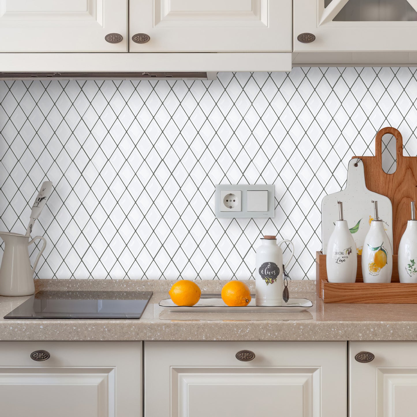 White Peel and Stick Backsplash, Diamond Shape Mosaic Tiles Self Adhesive 12"x12" (30.5x30.5 cm)