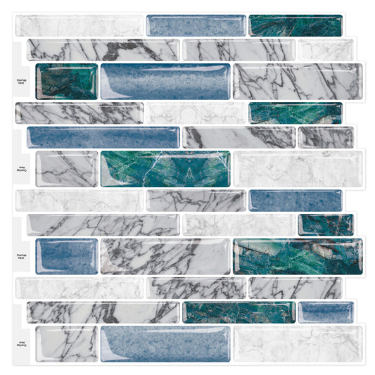 Green Blue Peel and Stick Backsplash for Kitchen 3D Wall Stick on Tiles, Marble Look 12"x12"