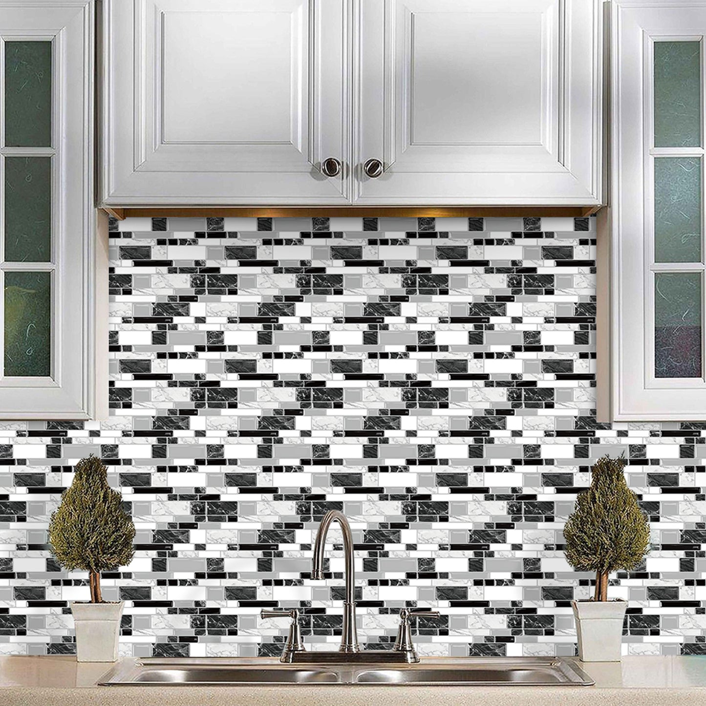 White and Black Marble Peel and Stick Backsplash Tiles 12"x12" Self-Adhesive Tile Sticker for Kitchen Bathroom